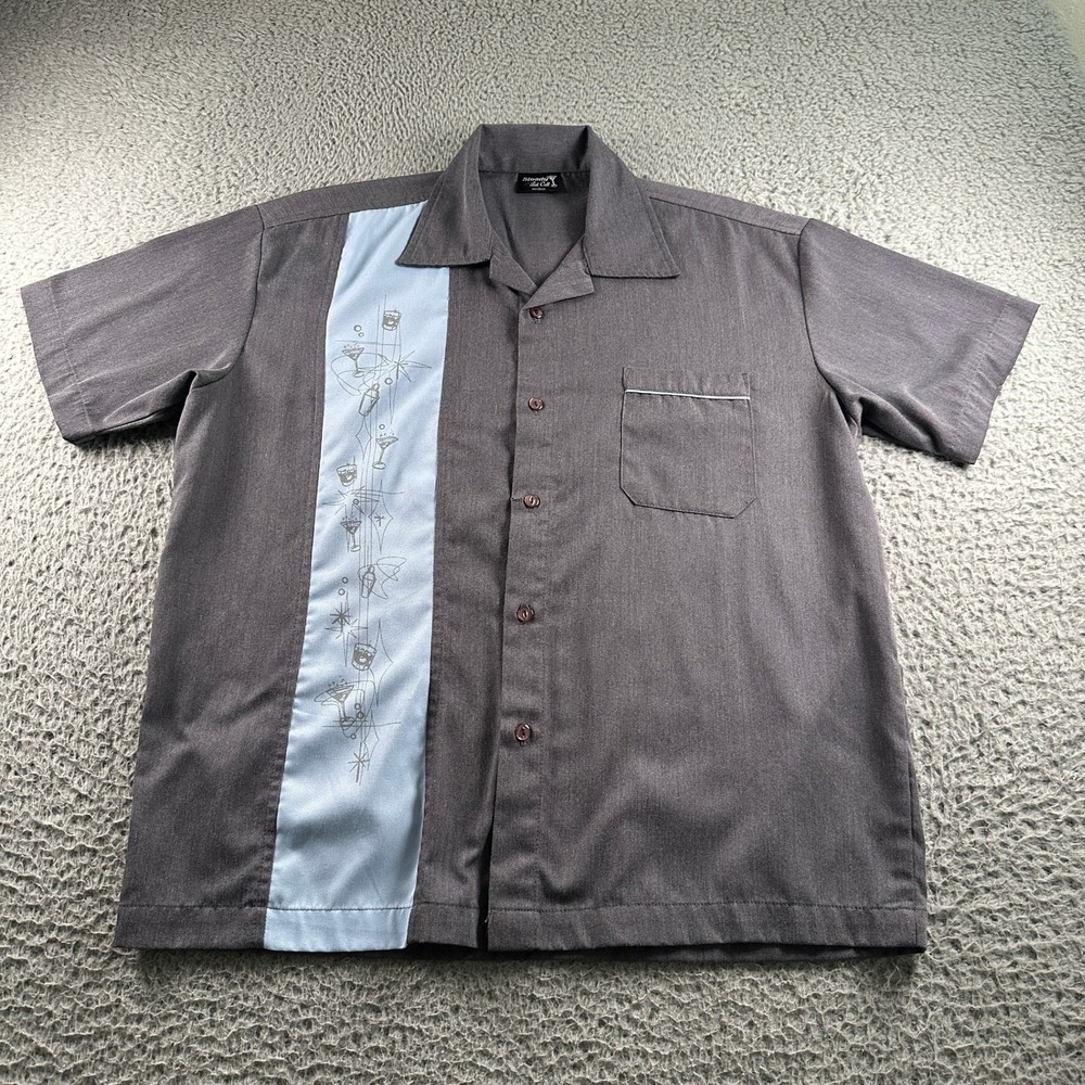 Steady‎ Last Call Shirt Mens M Camp Collar Gray Blue Atomic Cocktail Bowling USA